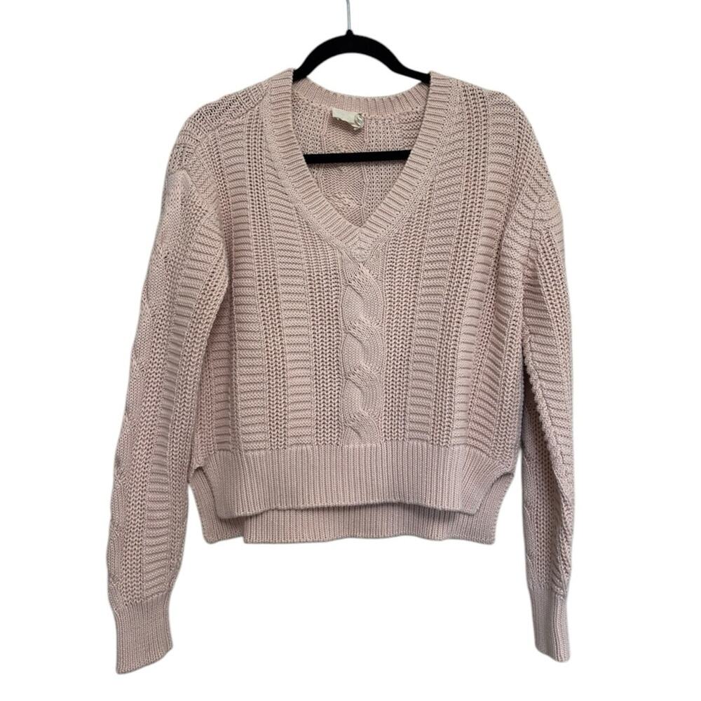 Nation LTD 100% Cotton Cropped V Neck Sweater in Light Pink - Size XS